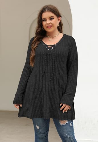 Image of Nemidor Women Plus Size Casual Tunic Top Drawstring V Neck Long Sleeve | 1X-5X plus, ribbed knit, long sweater, solid, semi-fitted flattering cut for curvy women, Fall, Winter, work, daily, dinner