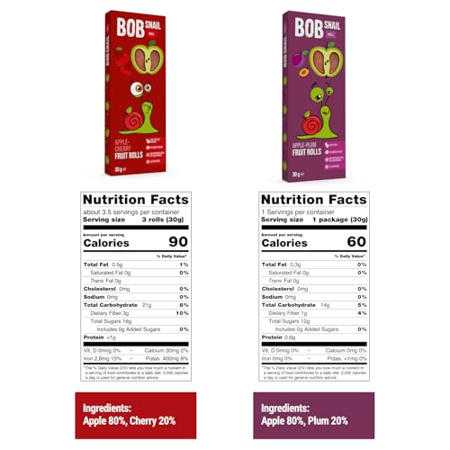 BOB SNAIL Healthy Fruit Snacks for Kids and Adults – 60 Fruit Roll Up Strips with Cherry, Mint, Pumpkin, Plum –Vegan Low-Carb Variety Pack Leather Strips for Kids–Sugar Free Jerky Bars