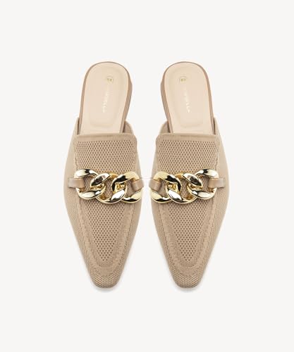 Image of NEWBELLA Women's Knit Pointed Toe Mule Slides, Chunky Gold Chain Decor, Low Block Heel, Slip On Loafer for Daily Office Wear