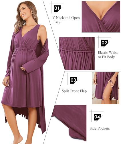 Image of Ekouaer Maternity Nursing Gown and Robe Set Labor Delivery Nursing Nightgowns for Breastfeeding Pregnancy Clothes