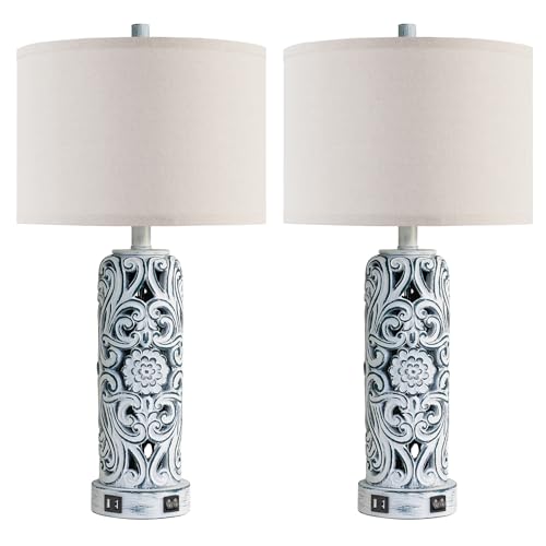 25'' Vintage Coastal Table Lamp Bedside Lamps Set of 2, Farmhouse Table Lamps with Dual USB Ports for Bedroom, Wash Blue Hollow Out Resin Lamp with Nightlight for End Table, 2 Bulbs Included - Image 9