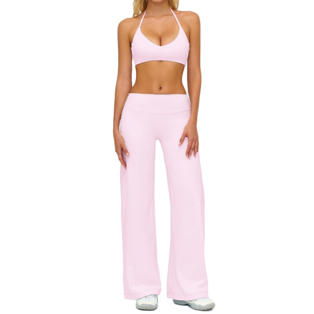 XYFfybhsd Women 2Pcs Casual Yoga Suit Straight Leg Wide Leg Pants Halter Neck Workout Bras Sports Fitness Set(Size:M,Color:Pink)