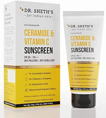 Dr. Sheth's Ceramide & Vitamin C Sunscreen SPF 50+ PA+++ | One Step Routine for Summer | Non-Greasy, Quick-Absorbing | Zero White Cast | For Women & Men | UVA UVB Sun Protection | 10g