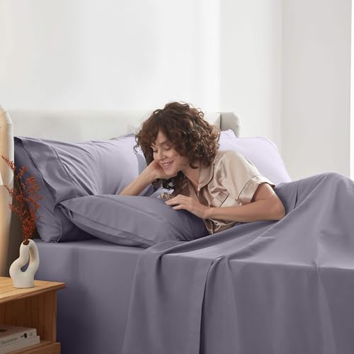 Image of Nestl Extra Deep Cal King Sheet Set - 6 Piece Breathable & Cooling Sheets - Hotel Luxury Bedding Set w /18-24 Inch Deep Pockets - Easy & Secure Fit - Super Soft, Wrinkle Free & Comfy - Grayish Purple