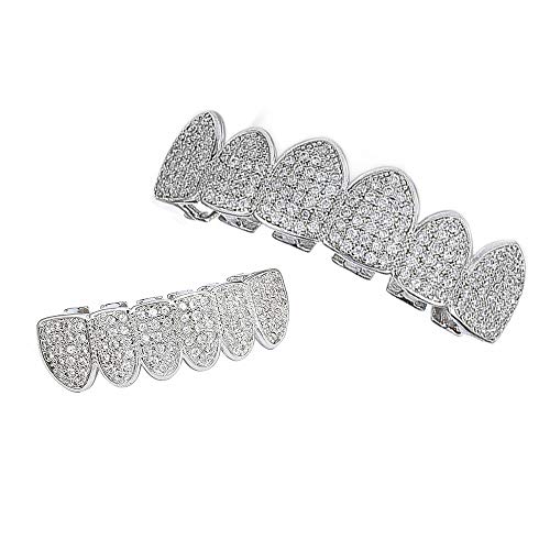 Lkv 14K Plated Gold Diamond Grills For Men Women Gold Grills Teeth All Iced Out Cz Top And Bottom Vampire Mouth Grill With Extra Molding Bars(Silver,Top And Bottom) #TOP2