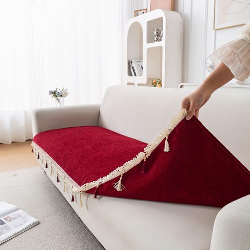 Image of HOKIPO 'Serenity Tassel' Chenille 2 Seater Sofa Cover with Tassel - Crimson Ruby (IN-891-MRN)
