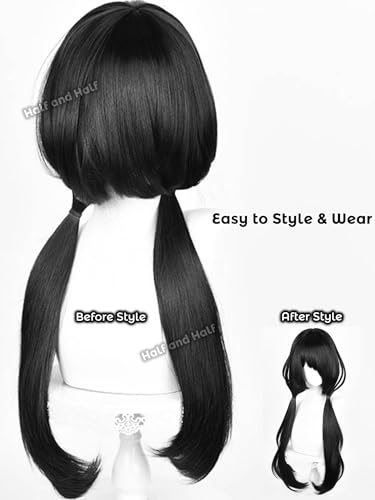 Image of Half and Half Kurumi Cosplay Wig Long Black Anime Low Ponytail Wigs with Side Part Bangs 31.5'' Black Pigtails Twin Tails Evil Elf Costume Wigs for Women Pary Halloween