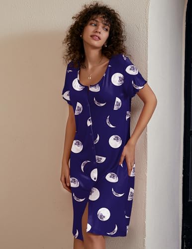 Image of Ekouaer Women Nightshirts Button Down Nightgown Sleep Shirt Short Sleeve Night Shirts Pajama Dress
