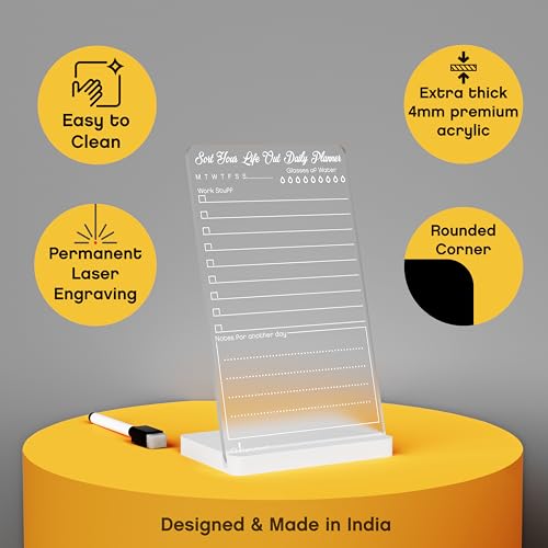 Image of 3 Lines to Do List Acrylic Board for Desk (12X8 CM)| Best Planner & Organiser | White Acrylic Base | with Marker & Cleaning Fabric | Sort Your Life Out Daily Planner Translucent | Small Size