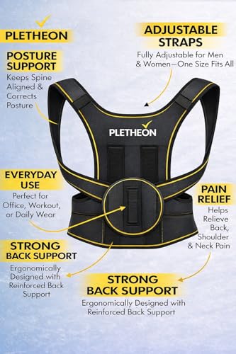 Image of Posture Corrector for Men & Women by Plethon - Adjustable Back Brace, Clavicle Support & Upper Back Straightener for Better Sitting and Standing Posture, Fits 30-46 Inch Waist (Black)