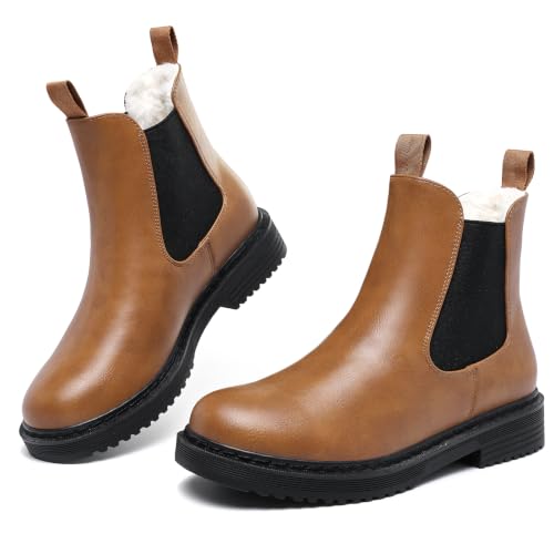 Womens Winter Chelsea Boots Warm Faux Fur Lined Chunky Lug Ankle Booties