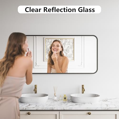 Koonmi Bathroom Mirror, 24X48 Brushed Black Metal Framed Wall-Mounted Mirror for Over Sink, HD Tempered Glass, Anti-Rust, Rounded Rectangle Mirror for Restroom, Bedroom, Hangs Horizontal or Vertical - Image 3