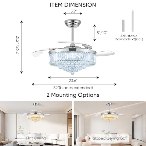 Image of 52'' Crystal Fandelier Ceiling Fan with Light, Chrome