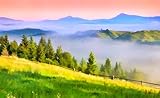 Support mural inclus Tableau en bois de 120 x 70 cm - Œuvre d\'art numérique de style aquarelle - Beau paysage printanier dans les montagnes (41318802)