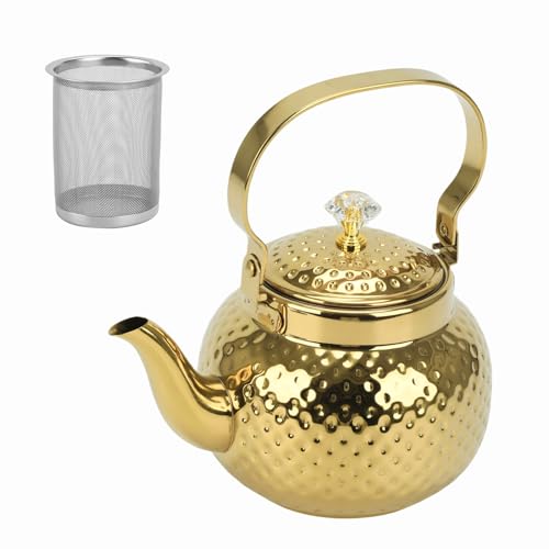 Gold Tea Kettle Stovetop Stainless Steel Tea Pot with Infuser Hammered Small Loose Leaf Teapot 1.2L (40Oz) Antique Tea Pot for Tea Milk Coffee Stovetop Teapot for Home Outdoor