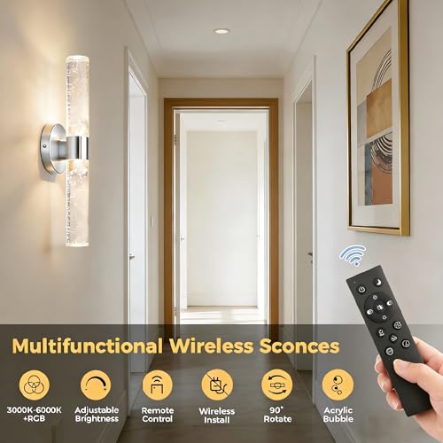 Image of DORESshop Battery Operated Wall Sconces Set of 2, 10000mAh Rechargeable Wall Sconce with Bubble Crystal, 9 Color Dimmable Wireless Wall Sconce, Sconce Wall Decor for Living Room, Bedroom, Nickel 18in