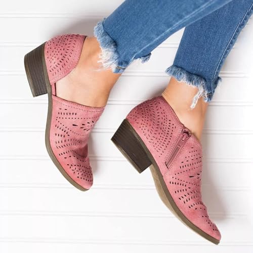 SACFOF Women's Ankle Boots Casual Cutout Booties Chunky Stacked Heel Perforated Side V Cut Western Shoes Slip-on Short Boots2