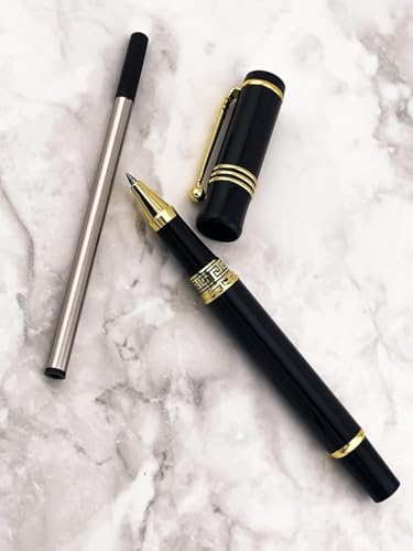 Pierre Lorren 18k Yellow Gold Overlay Silver Roller Ball Pen Blue Handmade & Black Refill Valentine Birthday Graduation Gift for Her Girlfriend Grand Daughter Symbol of SUCCESS (Black Meander)