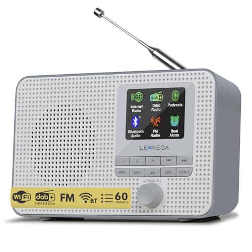 LEMEGA IR1 Portable WiFi Internet Radio, FM Digital Radio, Bluetooth, Dual Alarms Clock,Sleep Snooze Timer,40 Presets,Headphone-Output, Colour Display,Batteries or Mains Powered – Grey Finish
