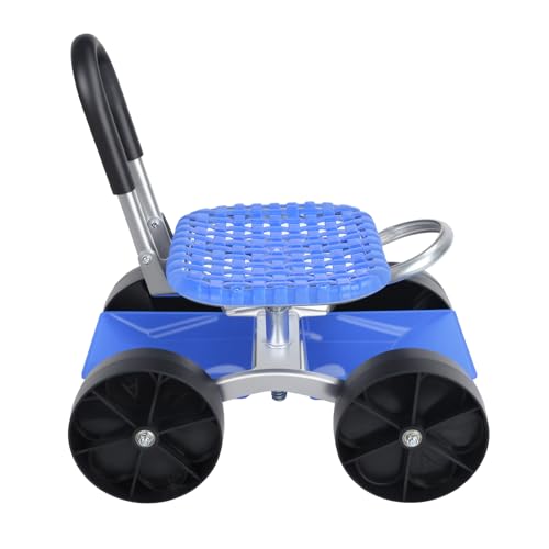 Asiento de trabajo rodante para jardín, carrito de jardín giratorio de 360° con asa de dirección y bandeja de herramientas, ideal para plantar y cuidar el césped, taburete de jardinería perfecto para