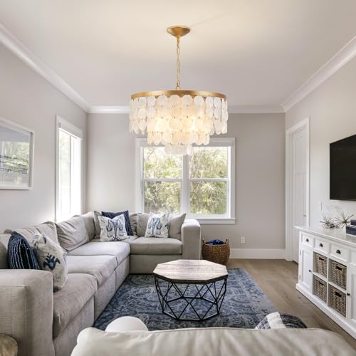 HLMRCHEN Shell Chandelier, White and Gold Chandelier Light Fixture with 4 Lights Capiz Seashell Pendant for Foyer,Kitchen Island,Entryway,Dining Room (18" Coastal Chandeliers) - Image 6