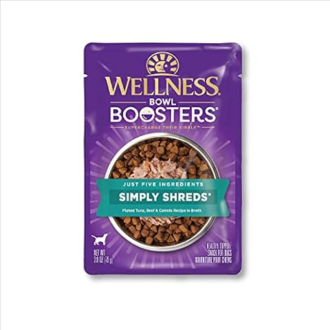 Wellness Bowl Boosters Simply Shreds Natural Grain Free Wet Dog Food Mixer or Topper, Tuna, Beef & Carrots, 2.8-Ounce Pouch (Pack of 12) Cover
