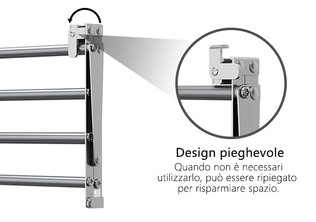 Stendibiancheria da interni in acciaio inox resistente, pieghevole, con 4 ruote mobili e grande capacità per la biancheria