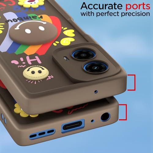 Image of Pikkme Back Cover for Motorola Moto G34 / G45 5G | Soft Silicone| Cute Rainbow Smile & 3D Cartoon Flower Design | Shockproof Raised Camera Protection Bumper Case (Brown)