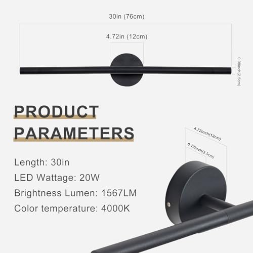 Image of Matte Black Bathroom Light Fixtures Over Mirror 30 Inch, 20W 360 Rotatable Dimmable 4000K Led Vanity Light Bar, Modern Bathroom Vanity Lights Above Mirror
