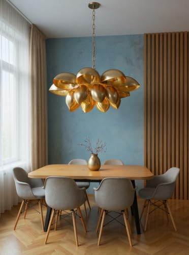 Image of KREATIVE ART'S Pendant Light & Chandelier - 22-Inch Golden Lotus Gold Hanging Lamp, Jhumar Style, Adjustable Height (24 inch-36 inch) for Living Room, Dining, Pooja Room & Balcony Decor (Bulb Included)