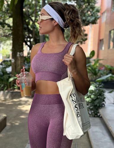 Image of OLCHEE Womens Workout Sets 2 Piece Seamless Square Neck Sports Bra Padded Butt Lifting Leggings High Waist Yoga Gym Outfits
