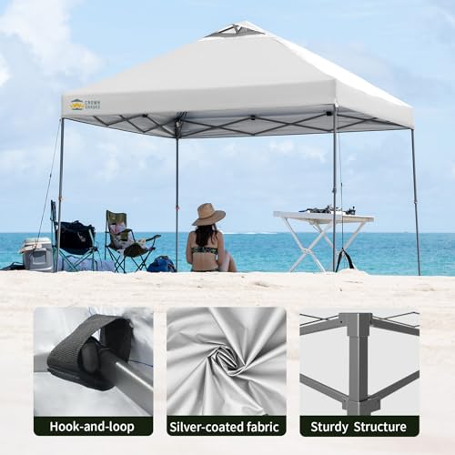 Image of CROWN SHADES Adjustable Height on The Fly, 10x10 Pop Up Canopy - Beach Tent with One Push Setup - Easy Outdoor Sun Shade for Events, Parties, Camping - Outside Shade with STO-N-Go Bag, White