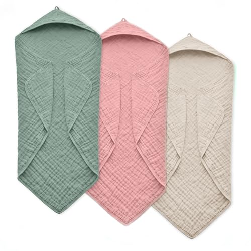 Image of Hooded Baby Towels for Newborn, 35x35 Inch 3 Pack 100% Muslin Cotton Baby Bath Towel, Soft Baby Beach Towels with Hood for Infants, Toddlers and Kids, Essentials Must Haves
