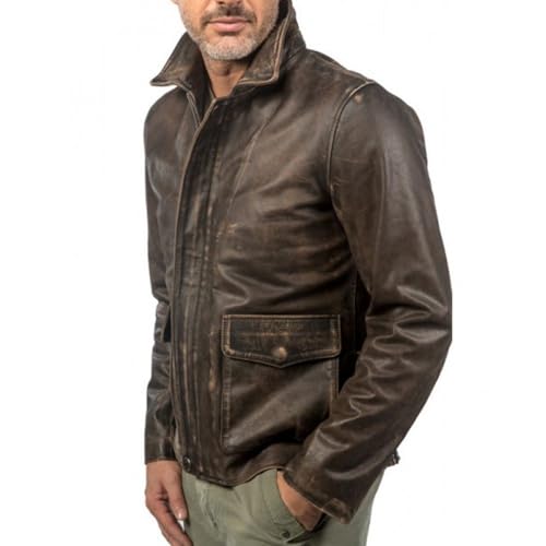 Image of Men's Classic Action Cowboy Distressed Brown Indiana Harrison Vintage Lambskin Bomber Leather Jacket