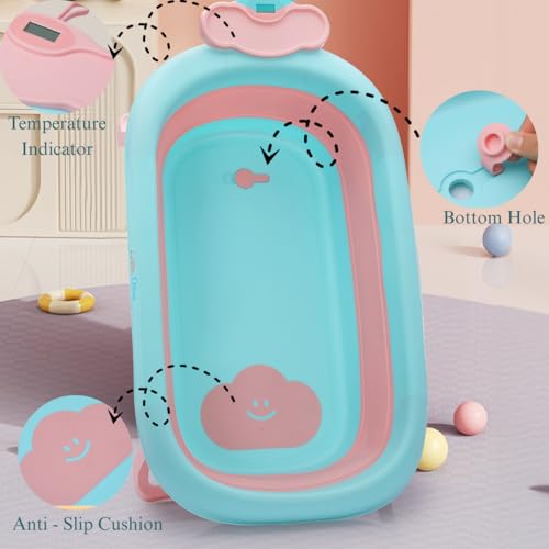 Image of Little Olive Baby Bath Tub with Temperature Display | Foldable and Antislip Design | Safe Plastic Tub for Infants and Toddlers (0 to 3 Years) | Pink and Blue
