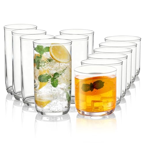 Kyraton Verres à Whiskey Old Fashioned Set de 12, 6 Verres Highball en Plastique PET Transparent 420ml & 6 Verres à Cocktail Whisky 340ml, Tumblers Robustes et Incassables pour Bière, Jus, Lait.