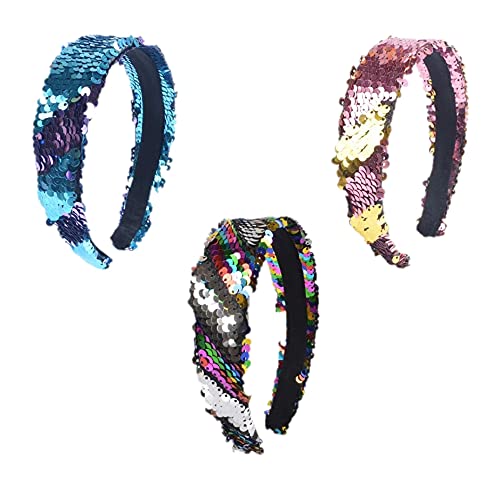 CHSYOO 3 Pcs Mermaid Sequined Headband Filp Gitter Headband Double-sided Sequined Padded Headband Magic Alice Girl Hair Accessories Ladies Party Gift(colorful/silver