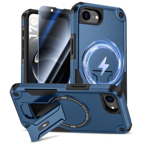Goton for iPhone 17e/16e Case with Privacy Tempered Glass Screen Protector, Compatible with MagSafe, Invisible Kickstand, Shockproof Phone Cover for Apple iPhone 17 e 16 e Blue