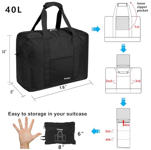 Foldable Travel Duffle Bag with Trolley Sleeve 40L - 18x14x8 inches Airline Underseat Lightweight Travel Bag - Packable Ripstop Nylon Carry on Bag (Black)2
