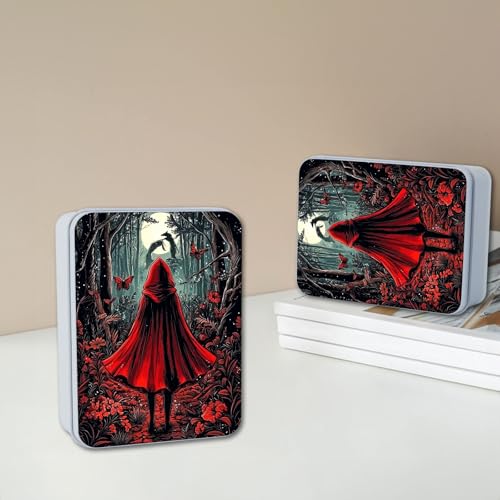 Image of Metal Tin Box with Lid,Multi-functional Storage Box Can Store Tea Biscuits Game Cards, Playing & Tarot Cards-Comes with 4 Magnetic Cord Clips,Red Hood in Forest