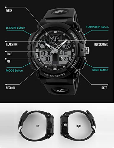 Image of PASNEW Boys' Watches - Dual Display, Large Dial Sport Watch, Black Outdoor Watch for Boys & Teens - Waterproof