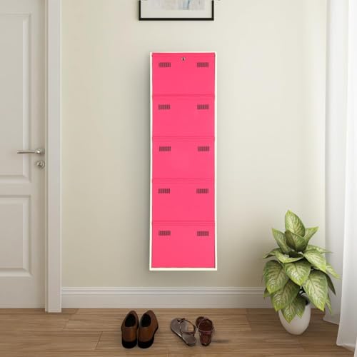 Image of Metal Shoe Rack Wall Mounted for Home with Central Locking 5 Door 20 inch Wall Mounted Metal 10 Pair Shoe Rack Cabinet Pre-Assembled Rack Shelves 3 Year Warranty (Pink & Ivory)