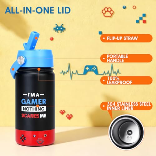 Image of Kids Insulated Water Bottle with Straw Lid, 14oz Double Wall Vacuum Stainless Steel Tumbler, Leak Proof Reusable Metal School Cup for Boys Girls, Keep Cold 24H Hot 12H (Blue-Red-I M A)