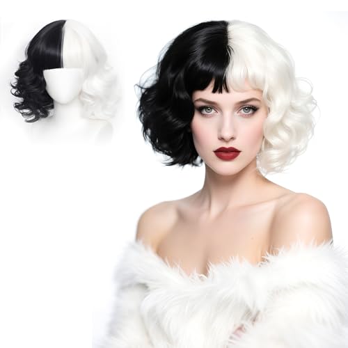 Ronronner Halb Schwarz Halb Weiß Perücke für Damen - Kurze Lockige Bob Perücke mit Pony & inkl. Netz - Für Cosplay Halloween Karneval und Fancy Dress Partys