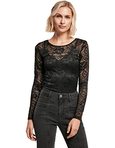 Urban Classics Body à Manches Longues pour Femme avec Motif Dentelle Fine, Fermeture à Pression et col Rond, Taille XS à 5XL, Noir, 5X-Large