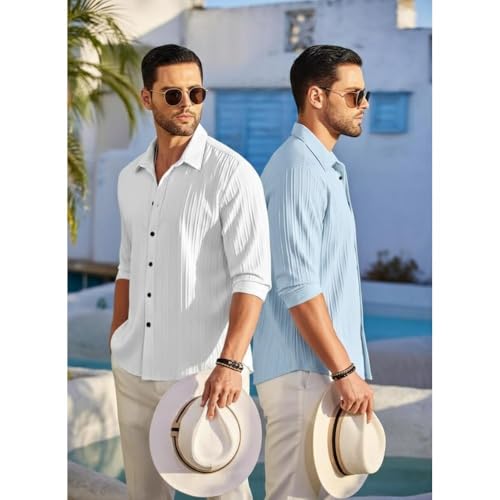 Image of FINIVO FASHION Men's Cotton Blend Shirt Set Lightweight, Full Sleeves, Plain Texture, Button Closure, Summer Ready (Pack of 2)