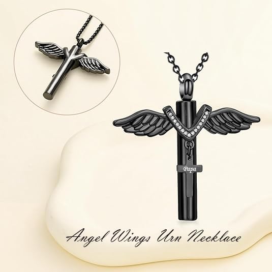 Cross Urn Necklace for Mom Dad Grandma Grandpa Brother Uncle Aunt Angel Wings Cremation Pendant Memorial Keepsake Jewelry - Image 2