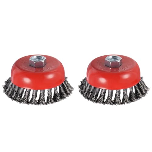 Image of 2 Pcs Twisted Knotted Wire Cup Brush for Angle Grinder - [4 Inch] for Paint Stripping Cleaning Rust Duty Abrasive, 5 /8 Inch-11 Threaded Arbor, .020 Carbon Steel Wire, Red