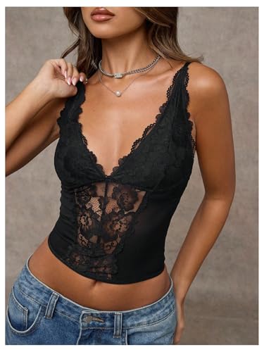 SHENHE Women's Mesh Lace Bustier Corset Top Deep V Neck Spaghetti Strap Fitted Crop Cami Tank3