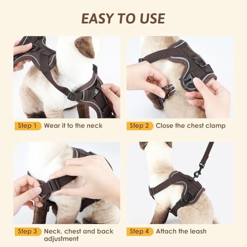 GlasFlength Katzengeschirr mit Leine Ausbruchsicher, Katzenleine mit Geschirr für Katzen Verstellbar Katzen Geschirr Set Cat Harness Softgeschirr für Katze mit Reflektierenden Streifen (Kaffee-M)